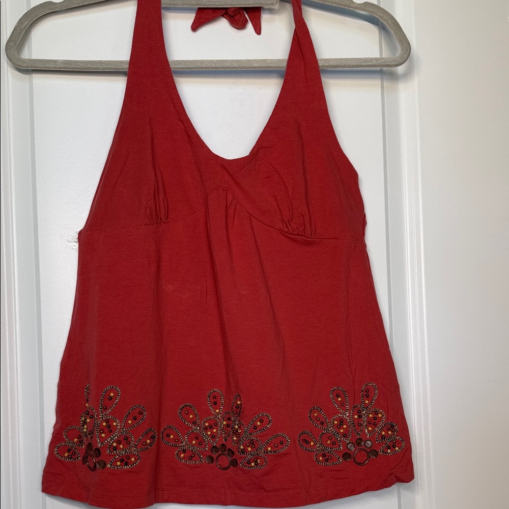 LOFT Red Halter Camisole with Beaded Hem Detail